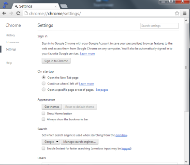 chrome browser settings page