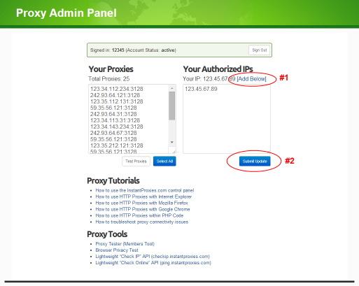 proxy admin panel authorized IPs shown