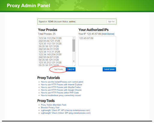 proxy admin panel test proxies white button