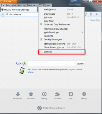 mozilla firefox browser tools option 