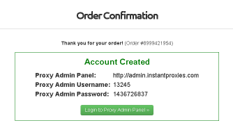 InstantProxies order confirmation pop up account created